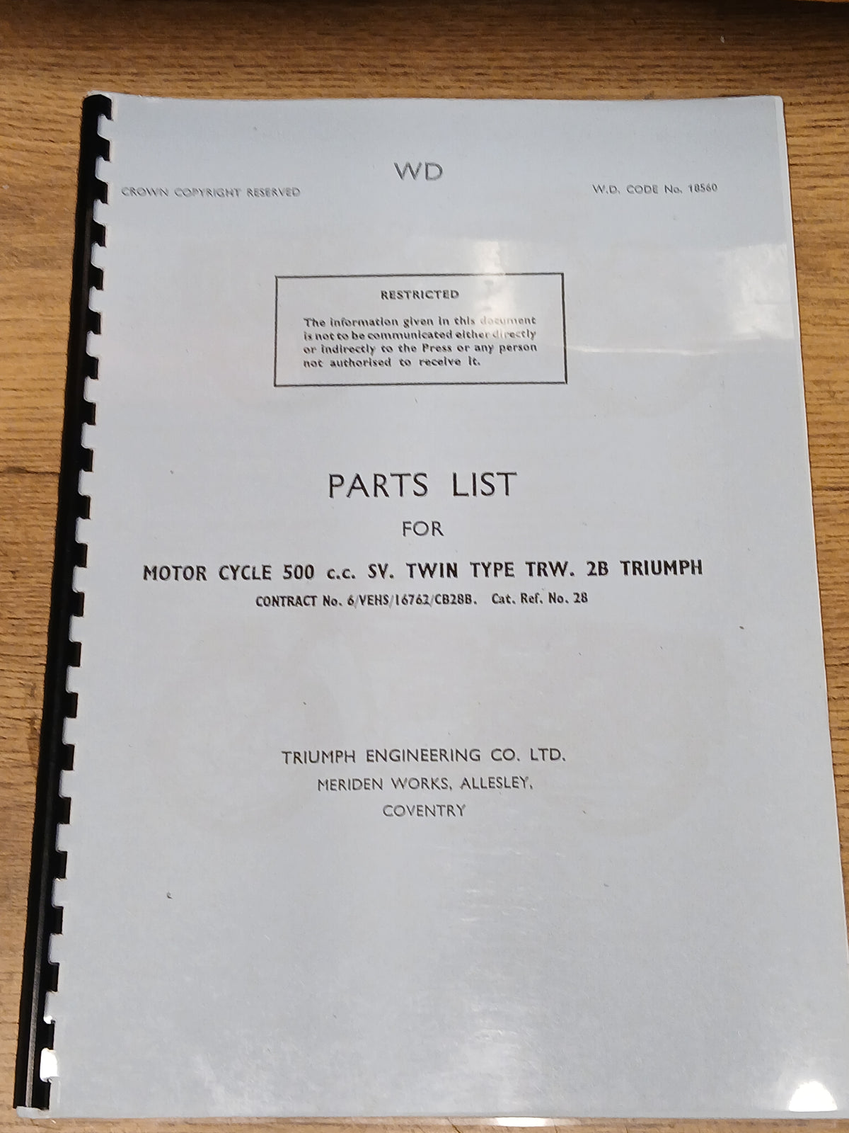TRIUMPH TRW 500 WD PARTS BOOK MANUAL 1972 - TP43 WD18560