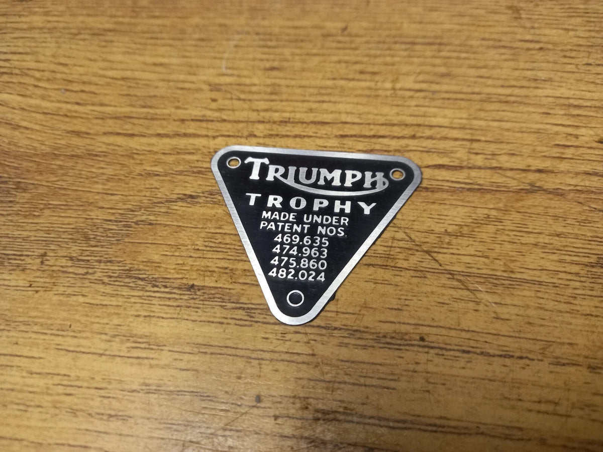 TRIUMPH TR6 TROPHY PATENT PLATE BADGE WITH RIVETS - 70-2876