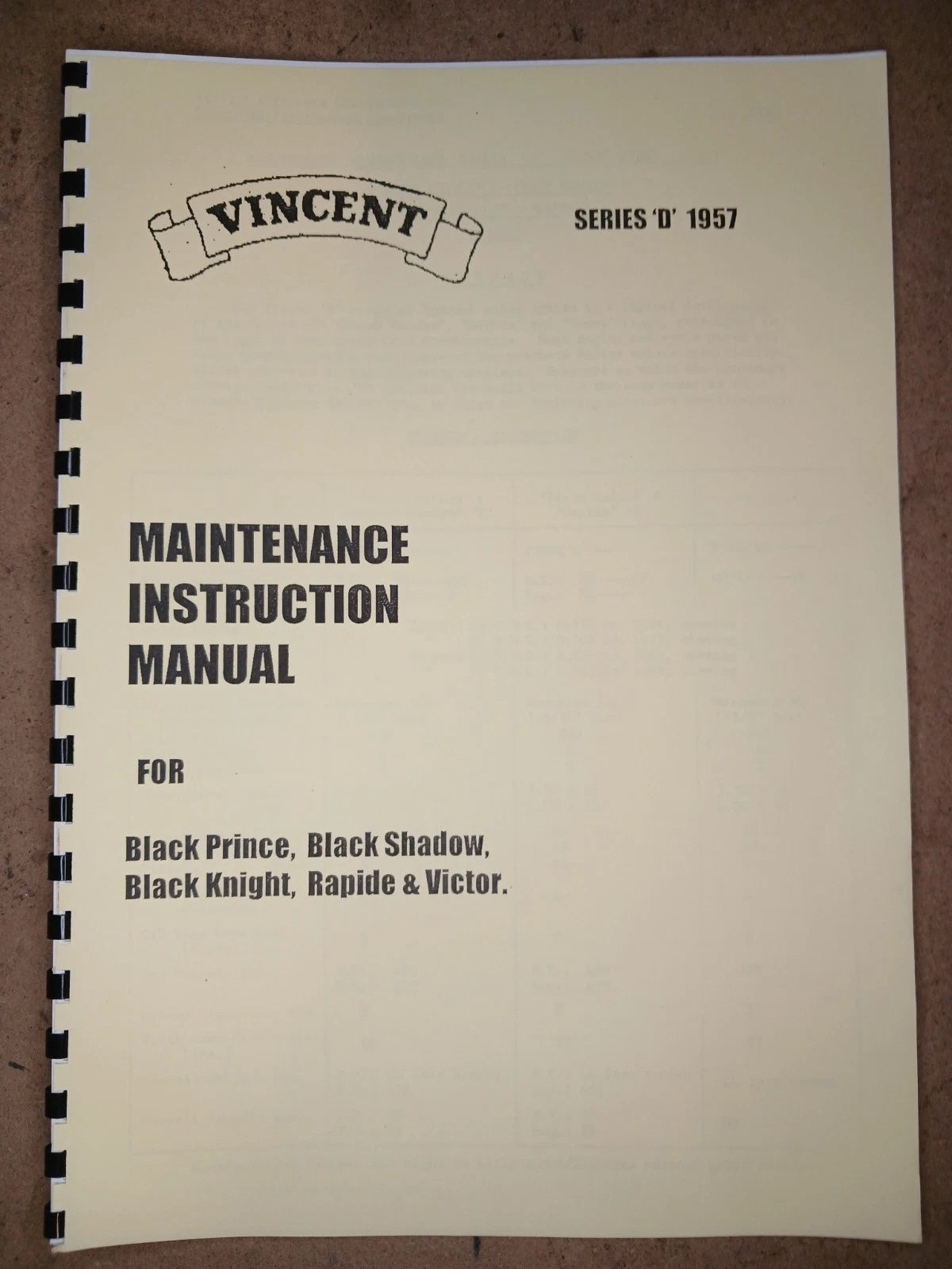 VINCENT BLACK PRINCE SHADOW KNIGHT RAPIDE SERIES D INSTRUCTION MANUAL VIN08 1957